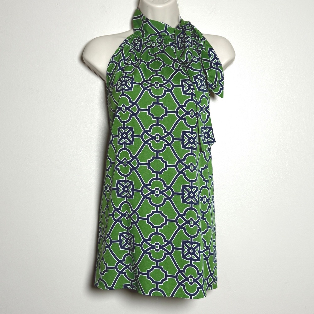 Buckhead Betties Womens Blouse XL Green Blue Geometric Neck Tie Office Career